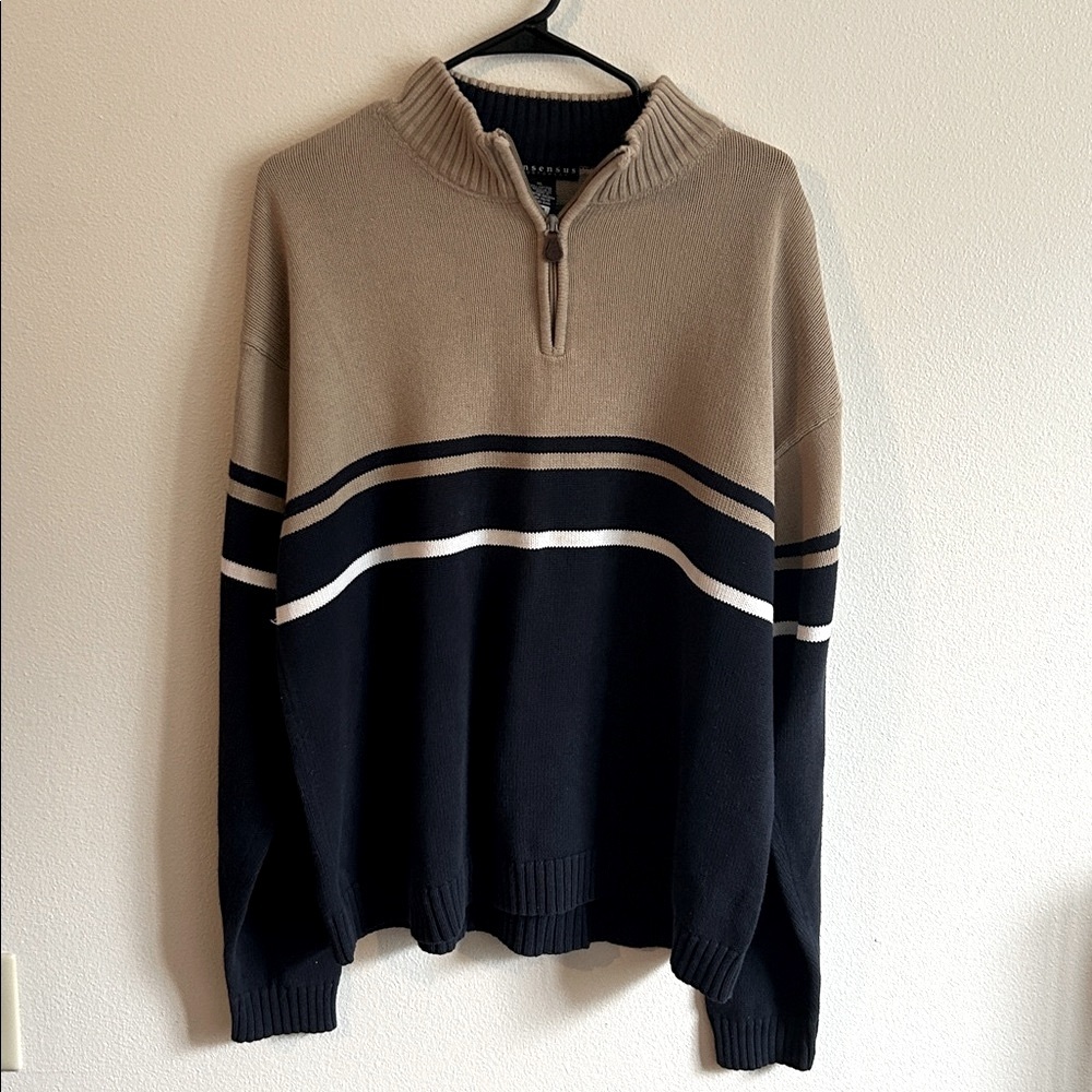Classic Consensus Navy/Tan Stripe Knit Preppy Ribbed Quarter Zip XL Sweater